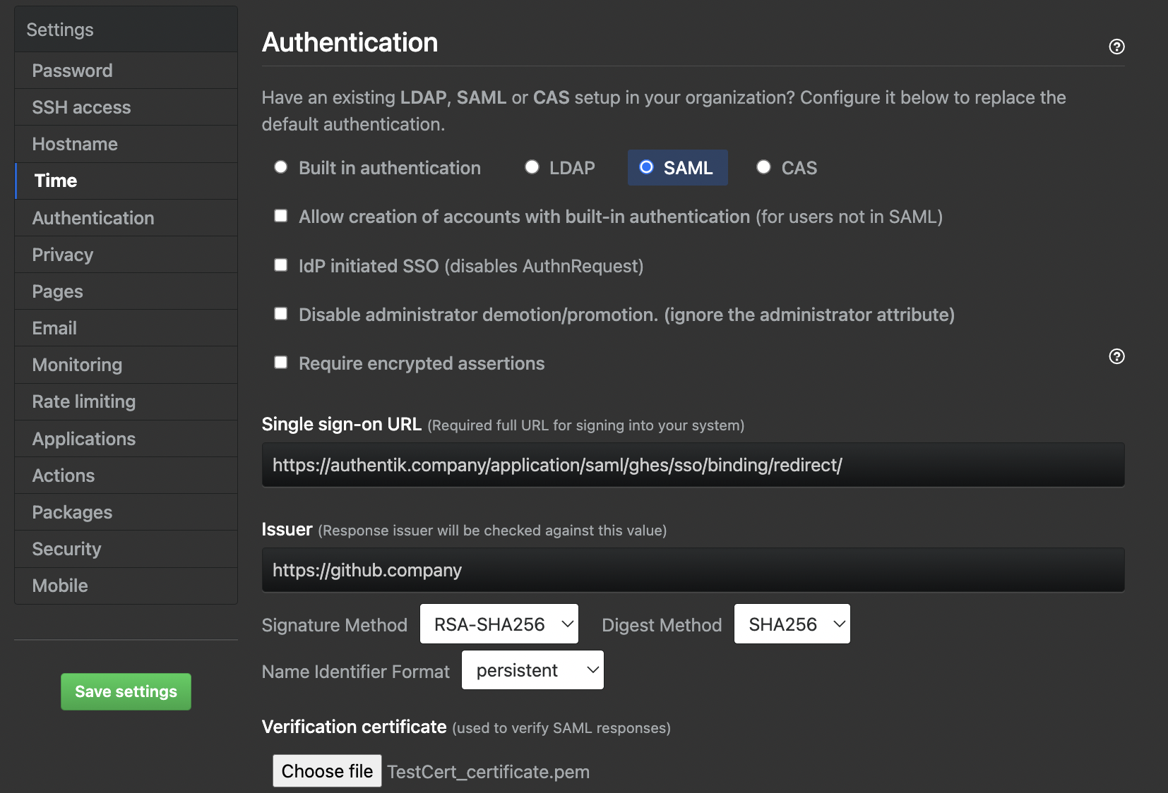 Screenshot showing populated GitHub Enterprise Server SAML settings